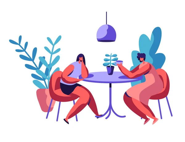 Mensen zitten op cafetaria tabel drinken koffie of thee Talk Set. Zakelijke Man en vrouw hebben Lunch Break. Liefhebbers van (echt) paar diner. Teken Cafe vergadering ter vrije besteding. Platte Cartoon vectorillustratie — Stockvector