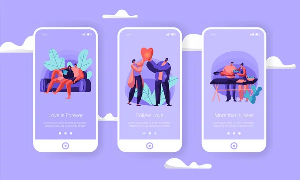 Älskande par helgen ombord sidan Mobile App skärmen Set. Pojke och flicka Cook sallad för picknick lanserar Sky Lantern liggande på soffan koncept för webbplats. Flat tecknade vektorillustration — Stock vektor