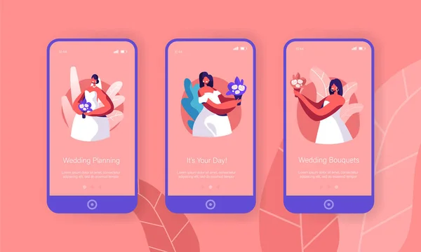 Schattig bruid boeket mobiele App pagina aan boord scherm Set bevatten. Vrouwelijke personage met bos van bloem dragen witte Wedding Dress. Gehuwd meisje Concept voor de Website. Platte Cartoon vectorillustratie — Stockvector