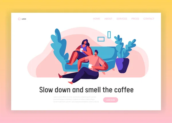 Amantes Casal Relax Landing Page. Man and Woman Sente-se em um confortável modelo de site de sofá. Sorrindo par beber chá ou café. Pessoas Lazer Estilo de Vida Flat Cartoon Vector Ilustração —  Vetores de Stock