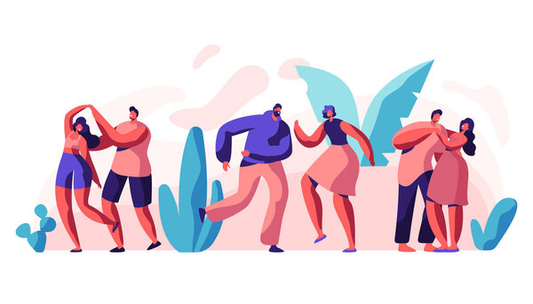 Девушка-подружка пара танцует вместе. Мужчина и женщина-партнер танцуют веселые танцы. Шаблон активного отдыха. Коллекция "Женщина-мужчина" в смешной позе. Плоский вектор
