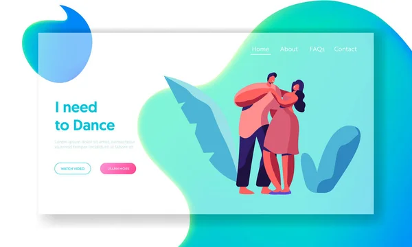 Feliz Casal Dança Juntos Landing Page. masculino e feminino amante personagem dançando site modelo. Os jovens abraçam-se. Garoto e Garota Dançarino se divertir. Desenhos animados plano Vector Ilustração — Vetor de Stock