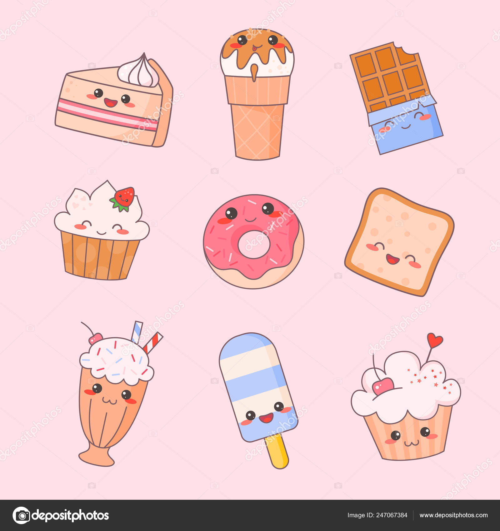 Set of Fun Stickers Desserts Kawaii Bakery Food Stock Vector