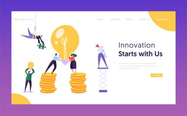 Açılış sayfası yeni proje kavramı çalışan insanlar. Ampul ile başlangıç için yaratıcı bir fikir. Mali iş yeni fikir para büyüme Web sitesi veya Web sayfası. Düz çizgi film vektör çizim