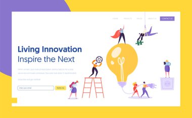 İşadamı ampul fikir kavramı açılış sayfası. Beyin fırtınası, yenilik, yaratıcılık kavramı ekip çalışması. Yeni proje web sitesi veya Web sayfası üzerinde birlikte çalışma karakteri. Düz çizgi film vektör çizim