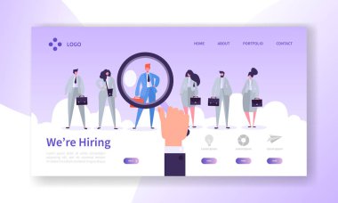 Recruitment Best Candidate Concept Landing Page. HR Searching for New Candidate. Hand Hold Magnifier Select Individual Person from Group of People Website or Web Page. Flat Cartoon Vector Illustration clipart