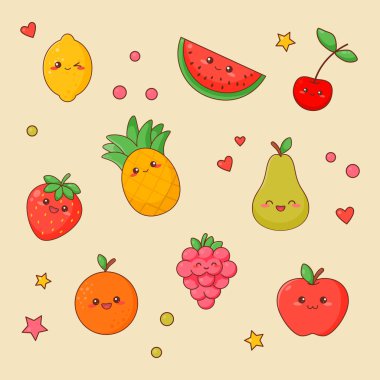 Meyve Mama Kawaii sevimli yüzü seti. Portakal ve elma karakter çıkartma koleksiyonu izole. Sağlıklı Vegan yemek simge seti. Komik Japon ananas Emoji Doodle düz çizgi film vektör çizim