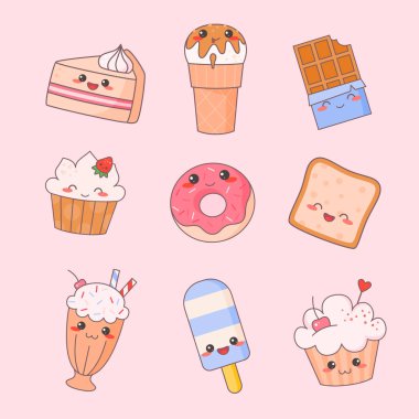 Tatlı gıda Kawaii sevimli yüzü küme. Dondurma ve Donut tatlı karakter çıkartma koleksiyonu izole. Restoran Menü simge seti. Komik Japon yemek Emoji Doodle düz çizgi film vektör çizim