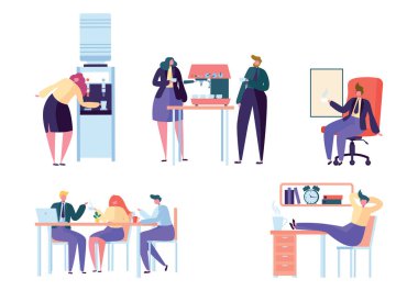 Düz tasarım iş insanlar kahve arası iş. Grup insanlar, iş arkadaşları, ofis çalışanı, arkadaş, içme kahve, çay, su soğutucu Office vektör illüstrasyon izole beyaz arka plan üzerinde