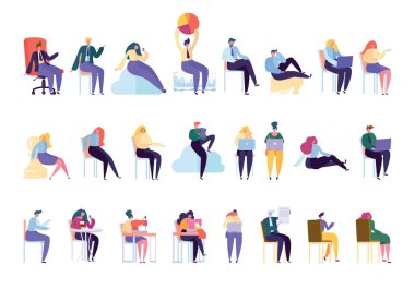 Yaratıcı çeşitli insanlar profesyonel karakter kümesi. İşadamı iş izole sandalyeye otur. Kadın iş terzi örme makine. İşkadını Yöneticisi koleksiyonu düz çizgi film vektör çizim