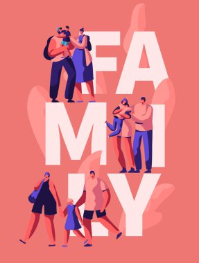 Mutlu aile motivasyon tipografi afiş. Oğlu anne ve baba karakteri Poster tebrik üzerinde. Üst sarılmak çocuk kart şablonu reklam. Tatil dikey broşür düz çizgi film vektör çizim
