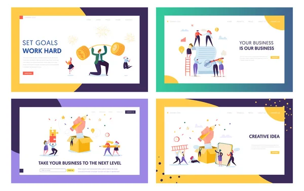 Finance Business Success Character Landing Page Set. Homme d'affaires soulever Barbell avec des pièces. Concept d'atteinte des objectifs financiers pour le site Web ou la page Web. Illustration vectorielle de dessin animé plat — Image vectorielle