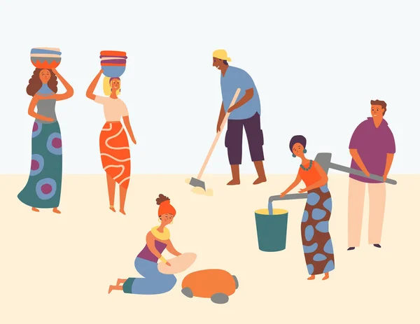 African Character Hard Working Set Design Style. Women Wear Basket on Head. Man Plows Field. People Gain Water in Bucket. Everyone Satisfied Work, Helping Community. Flat Cartoon Vector Illustration — Stock Vector