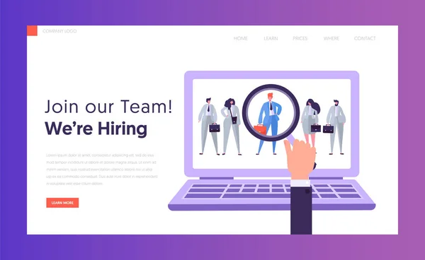 Online hr best candidate concept landing page. Geschäftsmann sucht Kandidat. Hand mit Lupe ausgewählte Person aus Gruppe von Menschen auf Laptop-Website oder Webseite. flache Zeichentrickvektorillustration — Stockvektor