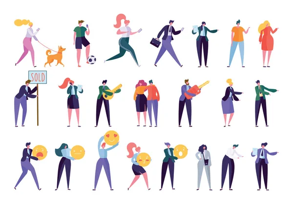 Collection Personnages créatifs de style de vie divers. Définir la foule de personnes qui exercent des activités - chien de promenade, faire du sport, chercher un emploi, faire des affaires, bâtir une famille. Illustration vectorielle de dessin animé plat — Image vectorielle