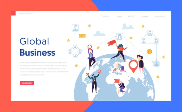 Flache weltweite Business-Konzept Landing Page. Earth Globe Design Global Corporate Geschäftsmann fand Partnerschaft in Welt Globus Website oder Webseite. flache Zeichentrickvektorillustration — Stockvektor