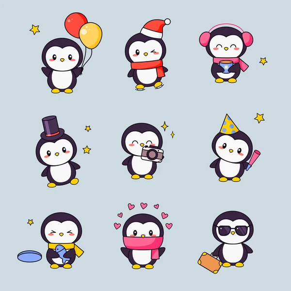 Conjunto de adesivos bonito Penguin Kawaii Clipart. Pássaro preto branco com rosto de anime Vários Emoji Design para Doodle. Kit de ícones de presente de animais cômicos diferentes para crianças. Desenhos animados plano Vector Ilustração — Vetor de Stock