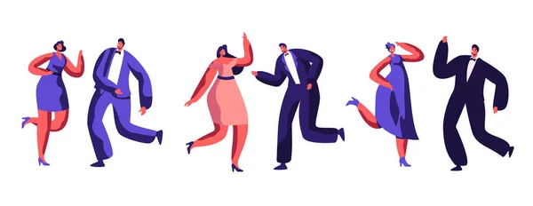 Tanzparty Feier verkleidete erwachsene Menschen tanzen fröhliche Musik zusammen. glückliche Beziehung Atmosphäre fröhliche Tänzer Ruhe Nachtclub. gutes Stimmungsverhalten flache Cartoon-Vektor-Illustration — Stockvektor