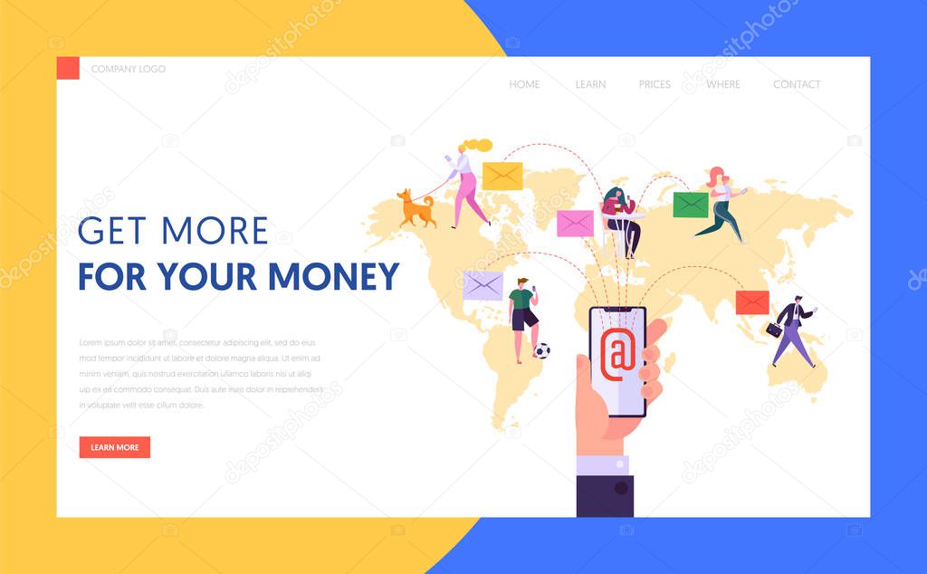 Worldwide Email Communication Concept Landing Page. Business and Marketing Global Network and Social Media Advertising Content on Mobile Phone Website or Web Page. Flat Cartoon Vector Illustration