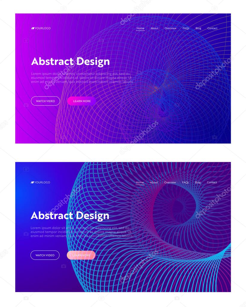 Purple Abstract Spiral Grid Shape Landing Page Set Template Background. Golden Ratio Digital Helix Flow Gradient Pattern. Dynamic 3d Colorful Virtual Backdrop for Website Web Page Vector Illustration