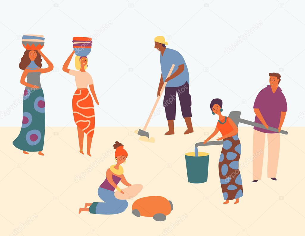 African Character Hard Working Set Design Style. Women Wear Basket on Head. Man Plows Field. People Gain Water in Bucket. Everyone Satisfied Work, Helping Community. Flat Cartoon Vector Illustration