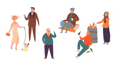 Yoksul zengin karakter Socialclass eşitsizlik ayarlayın. Evsiz adam ve kadınlar ve başarılı zengin Insanlar. Sosyal ekonomik sınıflarda kontrast beyaz arka plan düz karikatür vektör Illüstrasyon Izole