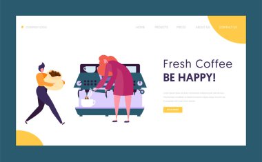 Barista karakter yapma içki kahve makinesi açılış sayfası. Espresso taze sabah içki hazırlanıyor. Yaratıcı kafeterya kavramı Web sitesi veya Web sayfası. Düz çizgi film vektör çizim