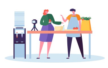 Erkek kadın gıda Blogger karakter mutfakta fotoğraf makinesinde Video kayıt. Kadın yapmak kek ve adam beyaz arka plan üzerinde sebze hazırlamak. Blog kavramı düz çizgi film vektör çizim