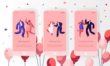 Mutlu düğün dans eden karakter mobil App sayfa Onboard ekran seti. Eğlenceli evli çift tatil olayı kutlamak. Yeni evli nişan Web sitesi veya Web sayfası. Düz çizgi film vektör çizim