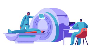 Hasta beyin taraması için hastane MRI makinesi. Doktor araştırma adam karakter sağlık bilgisayar tomografi rezonans tarayıcı ile. Sağlık teşhis kavramı düz çizgi film vektör çizim