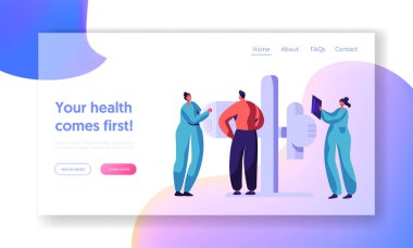 Adam karakter onay Xray sağlık kavramı açılış sayfası. X ışını iskelet göğüs muayenesi için tıbbi Radyoloji Modern makine. Hasta tarama sağlık Web sitesi veya Web sayfası. Düz çizgi film vektör çizim