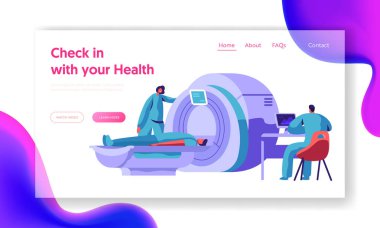 Hastane MRI makine hasta beyin taraması açılış sayfası için. Doktor araştırma adam karakter sağlık bilgisayar tomografi Tarayıcı Tanılama konsepti Web sitesi veya Web sayfası. Düz çizgi film vektör çizim