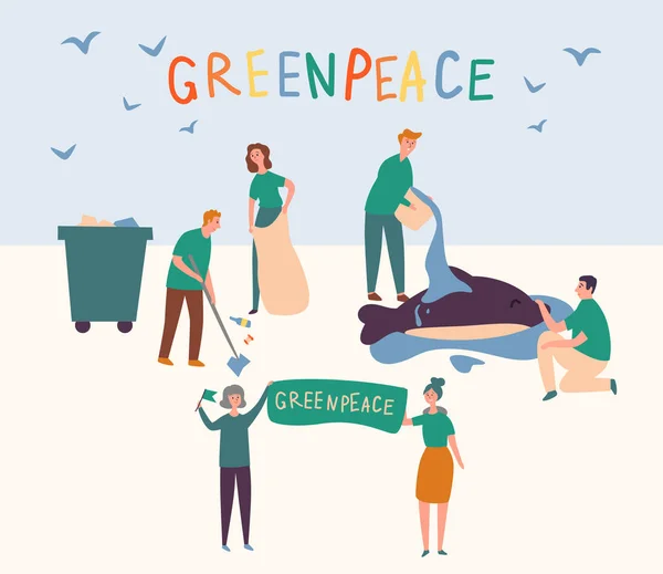 Les gens de Greenpeace mettent en place des terres propres pour sauver les animaux. Groupe de bénévoles Prévenir la pollution mondiale et verser de l'eau Dolphin. Bannière de style de vie Eco Bio pour femme. Illustration vectorielle de dessin animé plat — Image vectorielle