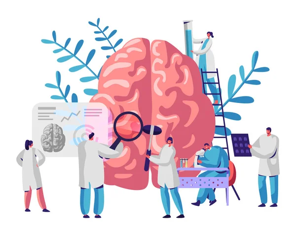 Laboratório Grupo de Cientistas Estudo Cérebro Humano e Psicologia. Microscópio de Pesquisa Médica. Tomografia de Cabeça. Experiência Química. Diagnóstico Hemisfério de Desenvolvimento. Desenhos animados plano Vector Ilustração —  Vetores de Stock