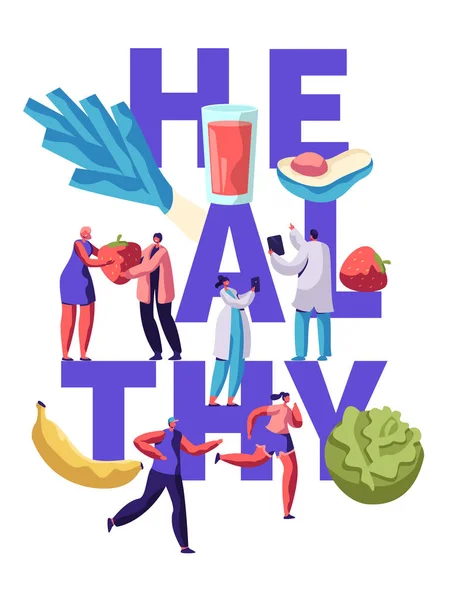 Tipografi Makanan kebugaran Sehat Desain Banner. Makanan Organik untuk Konsep Kesehatan Nutrisi Diet. Menu Sayuran dan Buah untuk Motivasi Gaya Hidup Vegetarian Poster Kartun Flat Ilustrasi Kartun - Stok Vektor