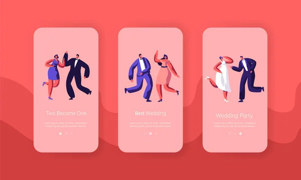 Happy Wedding Character Dance Party Mobile App Page Onboard Screen Set. Casado Homem Mulher Celebrar Casamento Evento. Site de noivado recém-casado ou Página Web. Desenhos animados plano Vector Ilustração — Vetor de Stock