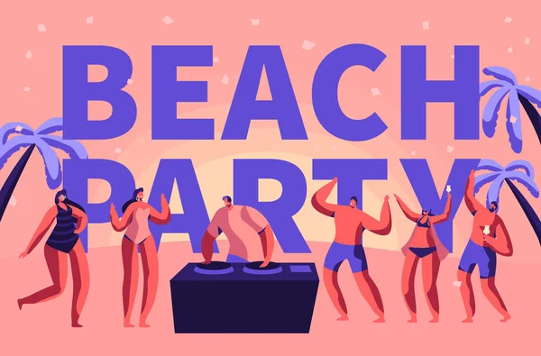 Sommaren Beach Party semester Rave typografi Banner. Tropiska Club Dj spela musik för personer utomhus. Karaktär dans på Holiday Event reklam affisch platt tecknade vektorillustration — Stock vektor