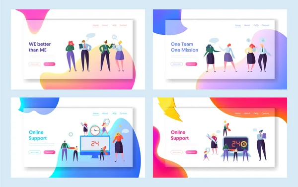Інтернет-концепція глобальної технічної підтримки Set Landing Page. Говорячи чоловічий і жіночий персонаж командної роботи в офісному костюмі. Працюйте разом, шукаючи нову ідею. Командна робота плоский мультфільм Векторні ілюстрації — стоковий вектор