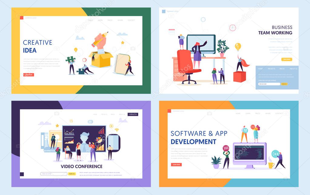 Creative Teamwork Concept Set Landing Page. People Character at Video Conference Meeting. Work Together for New Idea Website or Web Page. Java Software Support Flat Cartoon Vector Illustration