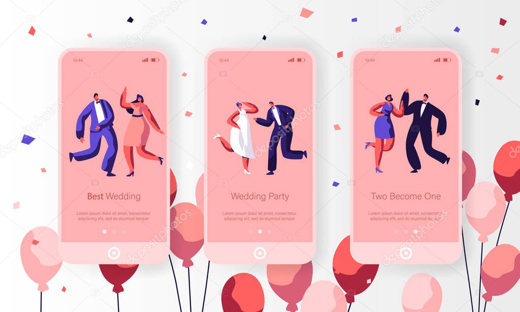 Happy Wedding Dancing Character Mobile App Page Onboard Screen Set. Fun Married Couple Celebrate Holiday Event. Newlywed Engagement Website or Web Page. Flat Cartoon Vector Illustration