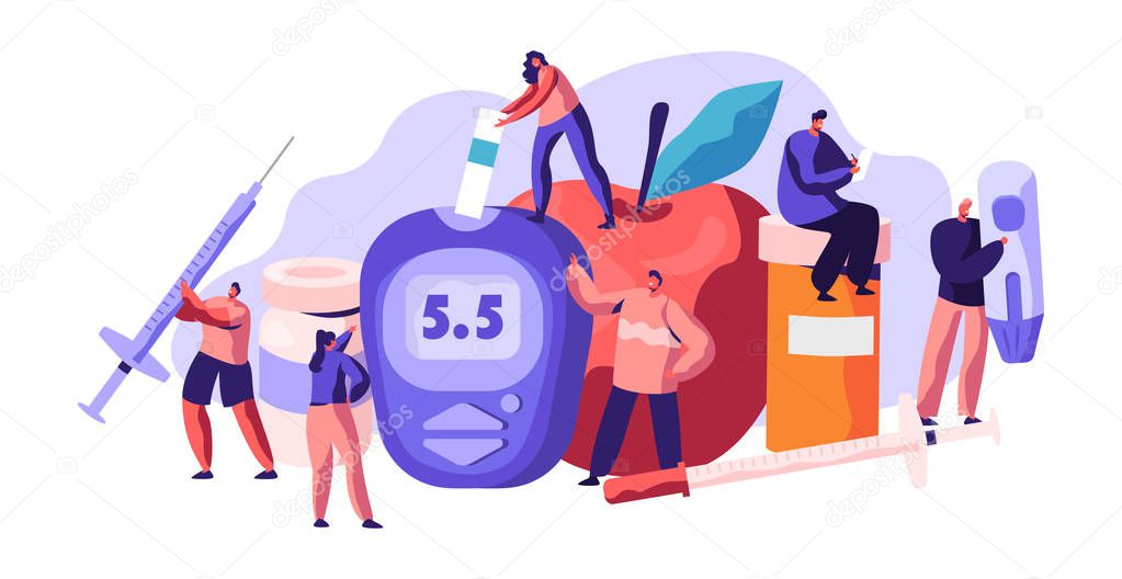 Diabetic Blood Glucose Level Test at Digital Glucometer. Insulin Drop for Health Care Treatment. Doctor Measuring Sugar with Meter Strip Blue Monitoring Equipment Flat Cartoon Vector Illustration