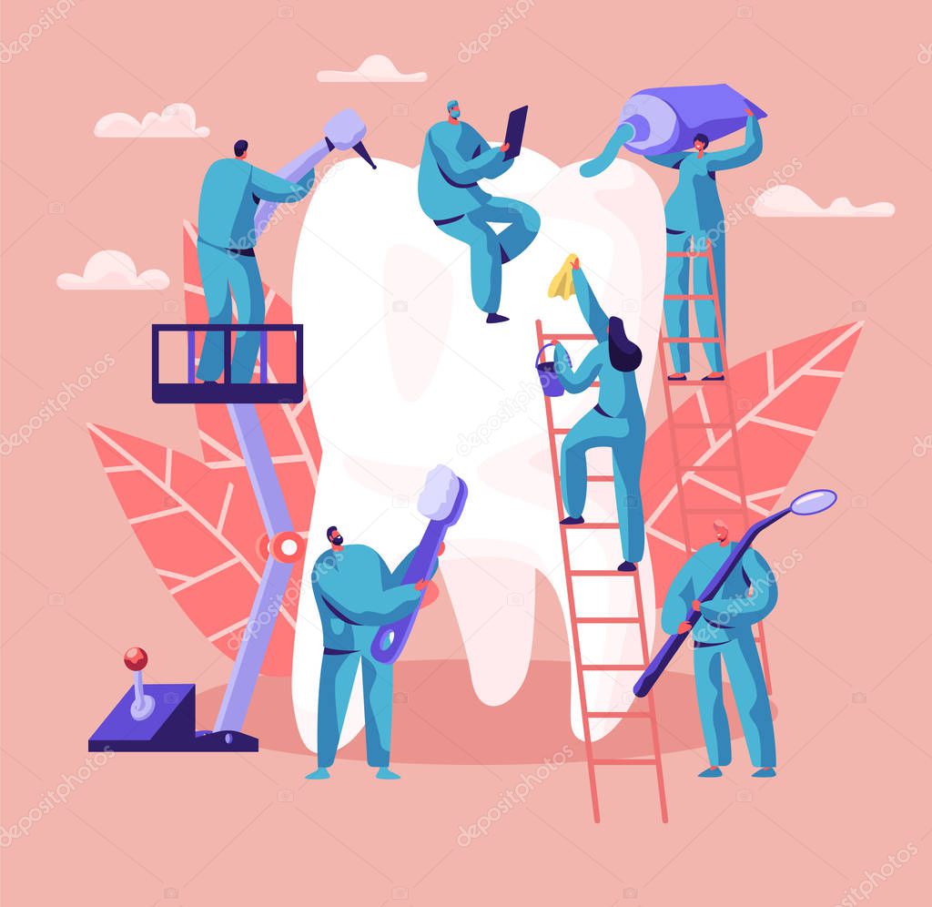 Dentist Character Care of Big White Tooth. Dental Clinic Background. Medicine People Work in Stomatology with Toothbrush and Toothpaste. Oral Surgery Abstract Concept Flat Cartoon Vector Illustration