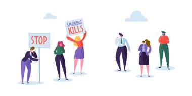 Picket sağlıklı yaşam konsepti sigara Anti. Erkek ve kadın karakter kamu yerde sigara ile. İnsanlara karşı pasif sigara. Hiçbir tütün gün düz çizgi film vektör çizim kelime