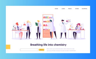 İş laboratuvar araştırma kavramı açılış sayfası. Kimya Lab. tıbbi ekipman mikroskop Flask tüp Web sitesi veya Web sayfasında çalışan bilim adamı karakter. Düz çizgi film vektör çizim