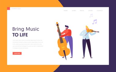 Açılış sayfası eğlenceli caz performansı kavramı. Şirin müzisyen adam karakteri ile müzik aleti kontrbas keman müzik çalma. Renkli Bant resmi web sitesi veya Web sayfası. Düz çizgi film vektör çizim