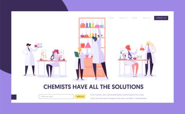 İş laboratuvar araştırma kavramı açılış sayfası. Doktor adam karakter ve tıbbi üniformalı kadın Yardımcısı. Mikroskop Flask tüp Web sitesi veya Web sayfası. Düz çizgi film vektör çizim