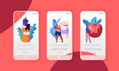 Şeker hastası Detoks gıda diyet mobil App sayfa Onboard ekran kurulum. Hap ya da şırınga ile insülin tedavi. Elma şekeri düzeyi kavramı Web sitesi veya Web sayfası için. Düz çizgi film vektör çizim