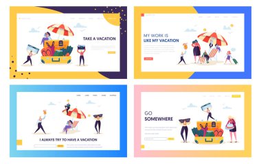 Açılış sayfası Beach kavramı hareketli ofis çalışanı. Mutlu iş karakter Pack tatil için ayarlayın. Gözlük kamera uçak bileti Web sitesi veya Web sayfası olan kişiler. Düz çizgi film vektör çizim