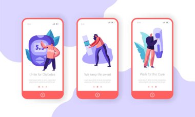 Diyabetik kan glikoz testi dijital Şeker Ölçüm, karakter mobil App sayfa Onboard ekran kümesi. İnsülin sağlık. Şeker Ölçüm Şerit Aracı Web sitesi veya Web sayfası. Düz çizgi film vektör çizim