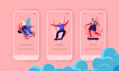 Mobil App sayfa Onboard ekran kurulum hipster karakter Skate kaykay. Patenci adam Longboard serin özgürlük Lifestyle. Kentsel spor Web sitesi veya Web sayfası. Düz çizgi film vektör çizim